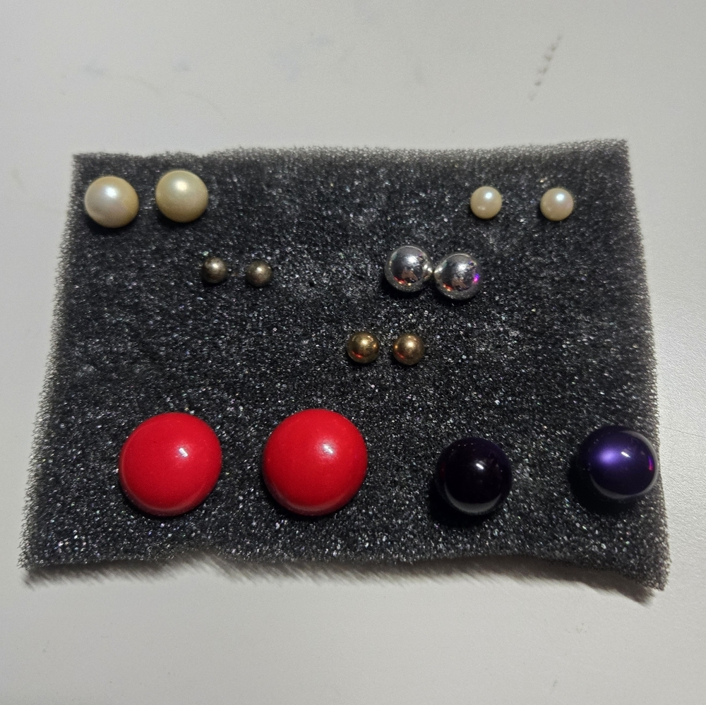 Vintage Stud Earrings Set Faux Pearls Silver Gold Tone Red Purple